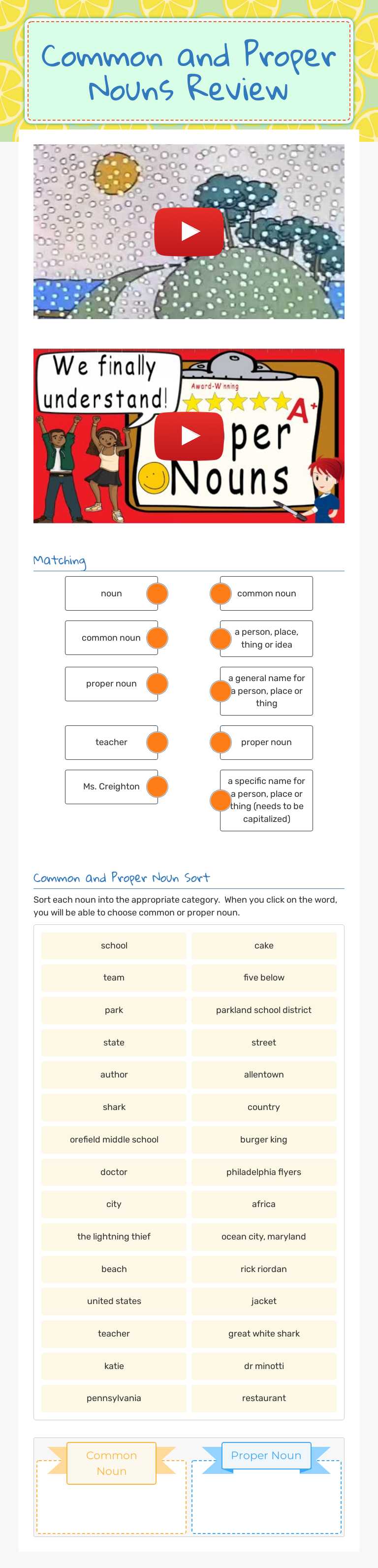 Common and Proper Nouns Review worksheet preview image