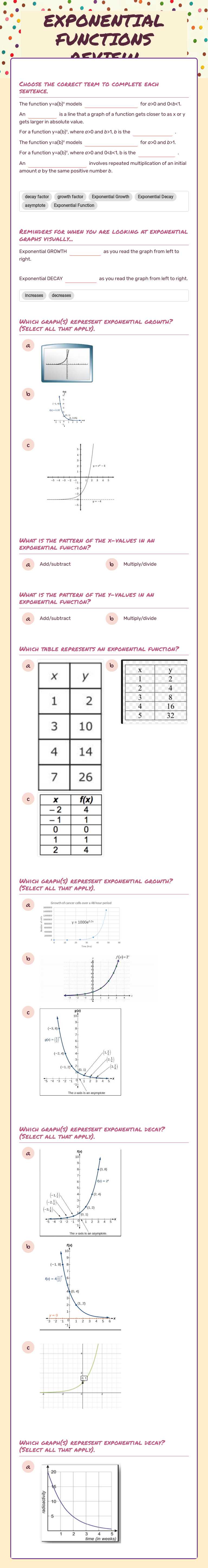 EXPONENTIAL FUNCTIONS REVIEW worksheet preview image