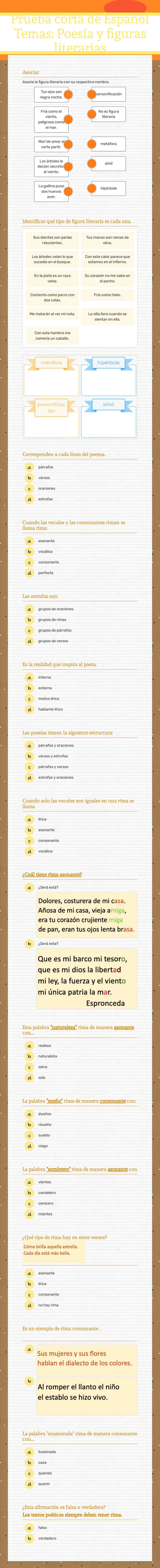 Prueba corta de Español
Temas: Poesía y figuras literarias Grade 5 worksheet preview