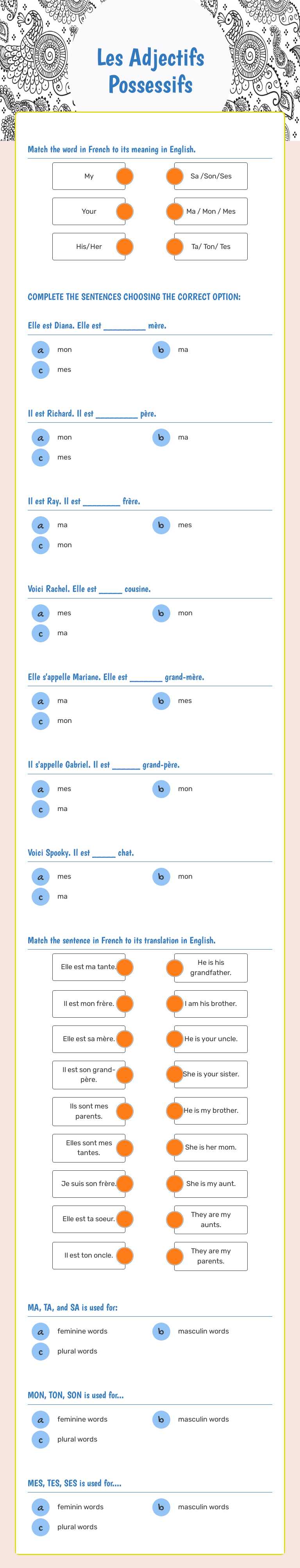 Les Adjectifs Possessifs worksheet preview image