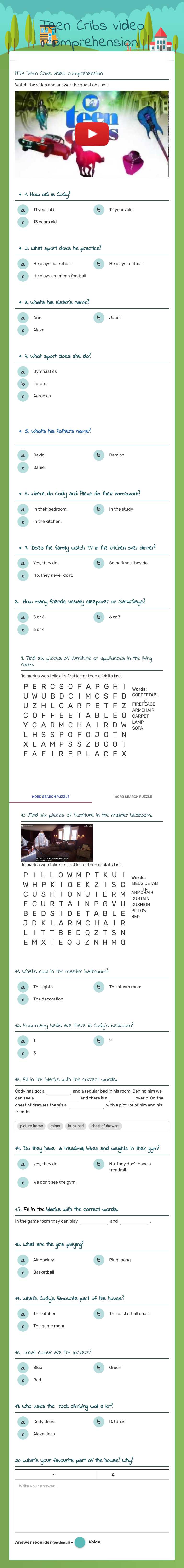 Teen Cribs video comprehension worksheet preview image
