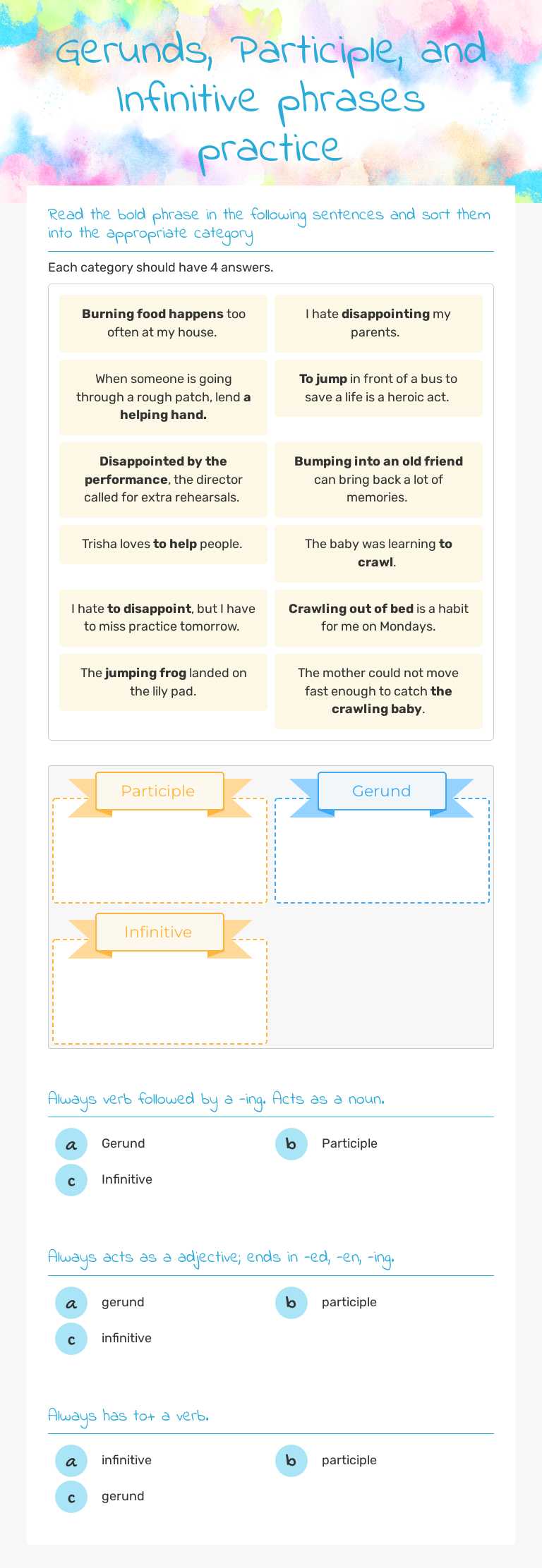 Gerunds, Participle, and Infinitive phrases practice worksheet preview image