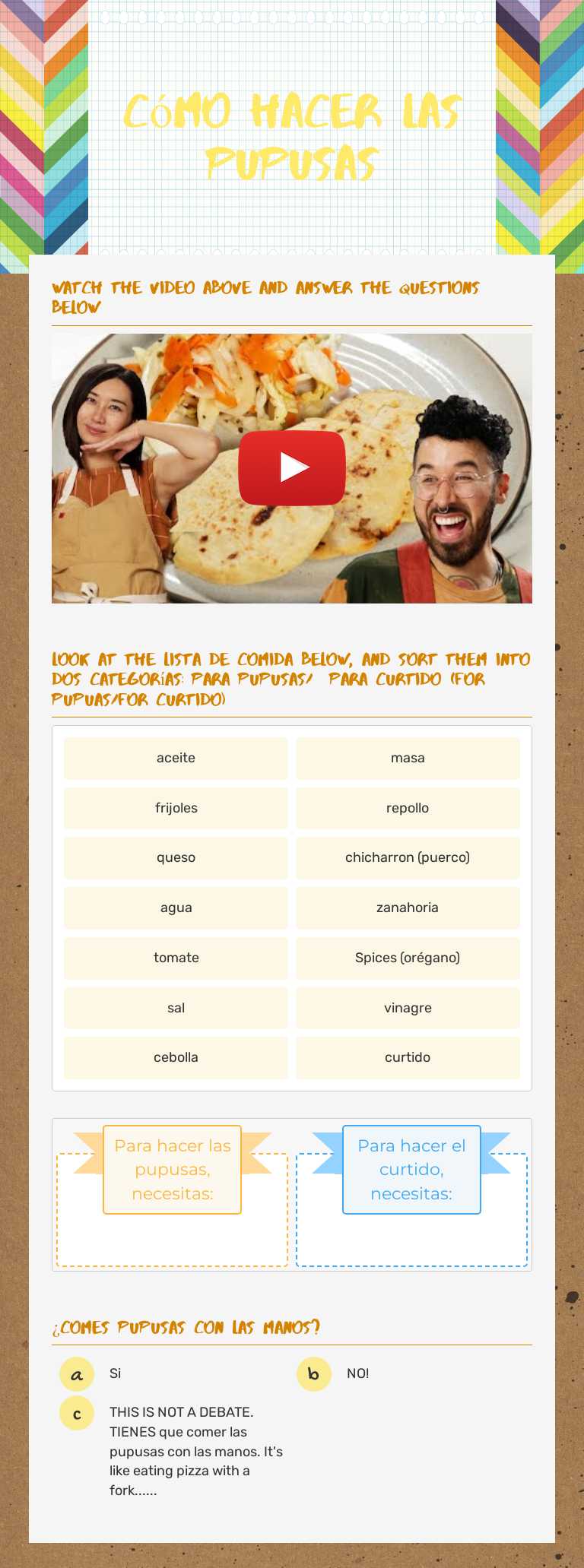 cómo hacer las pupusas Grade 8 worksheet preview