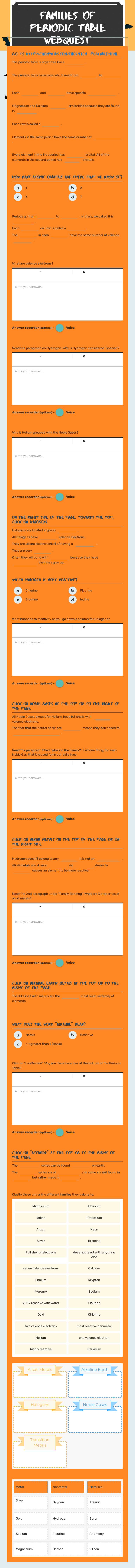 Families of Periodic Table WebQUEST Grade 10 worksheet preview