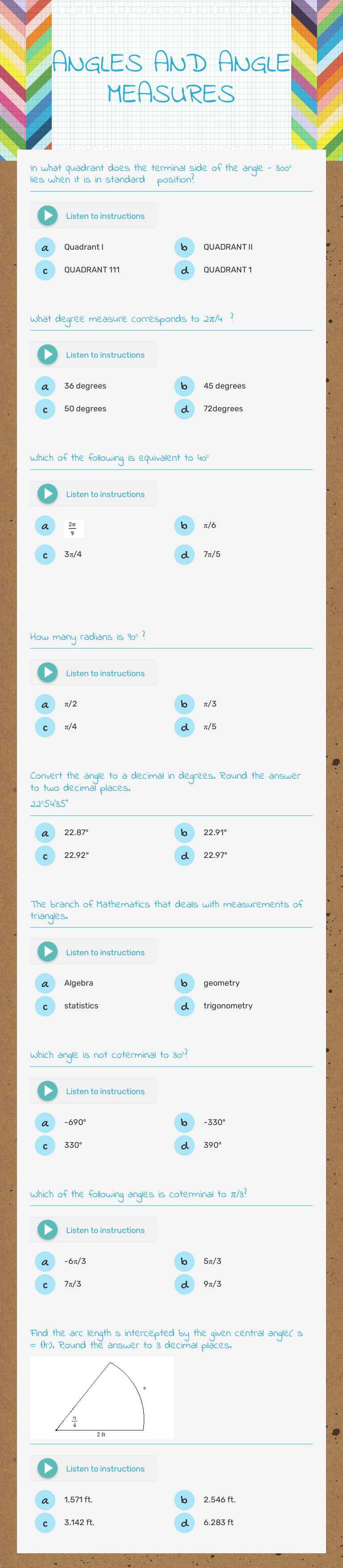 ANGLES AND ANGLE MEASURES worksheet preview image