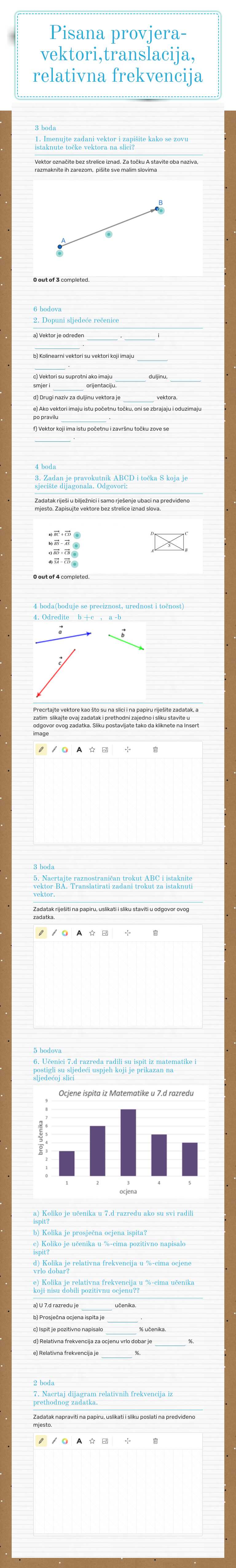 Pisana provjera-vektori,translacija, relativna frekvencija worksheet preview image