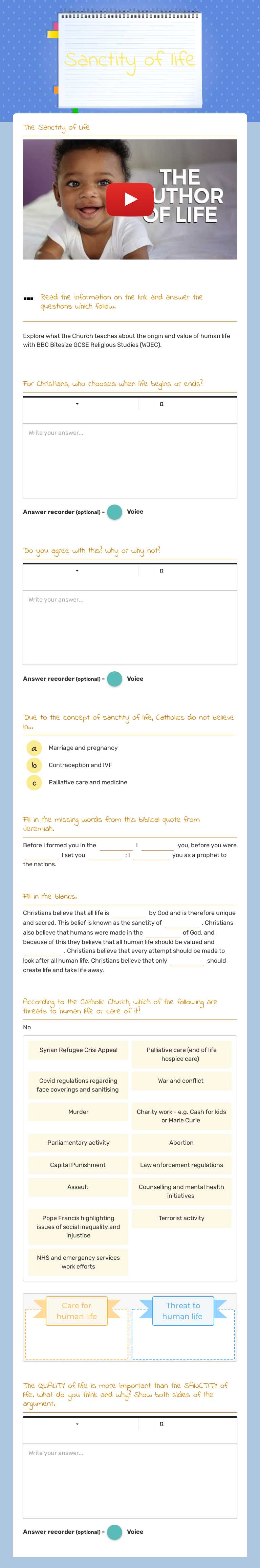 Sanctity of life worksheet preview image
