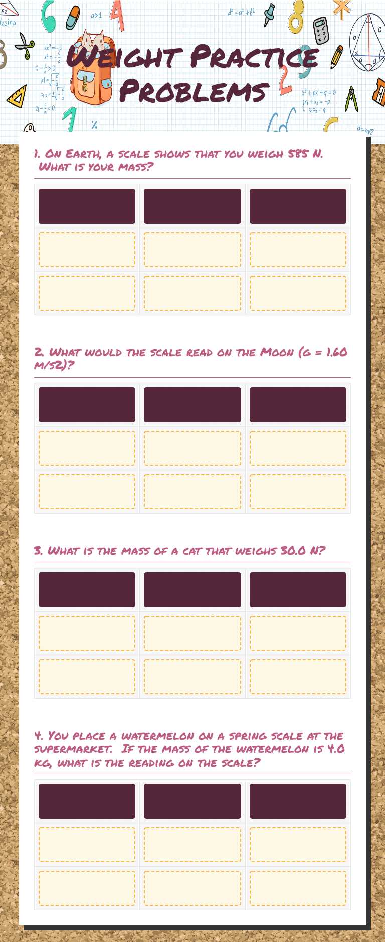 Weight Practice Problems worksheet preview image