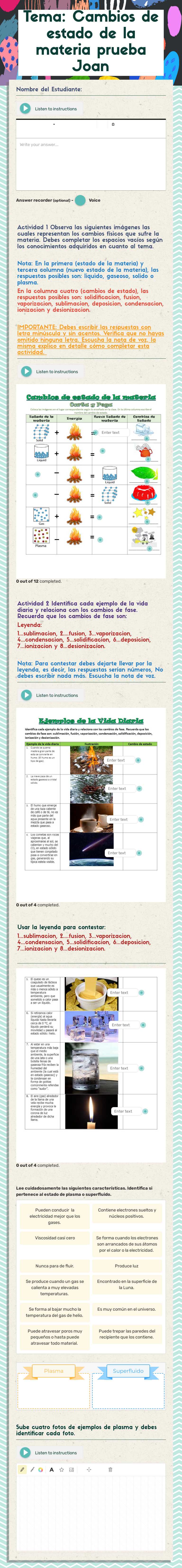 Tema: Cambios de estado de la materia prueba Joan worksheet preview image