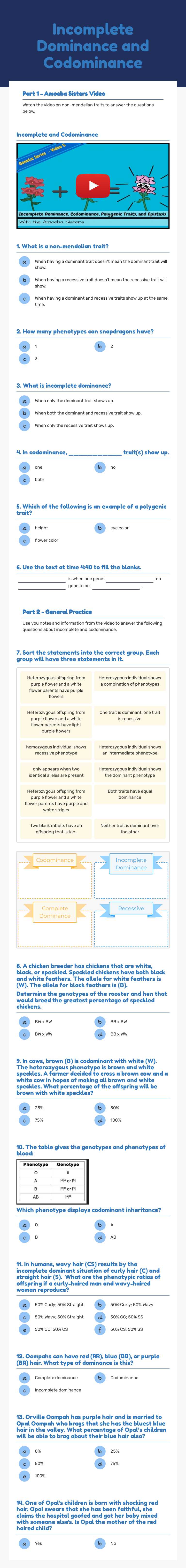 Incomplete Dominance and Codominance worksheet preview image