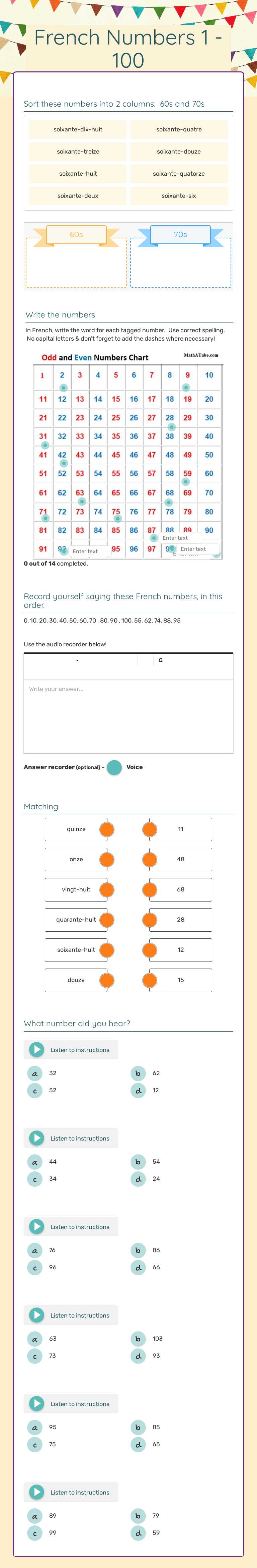 French Numbers 1 - 100 worksheet preview image