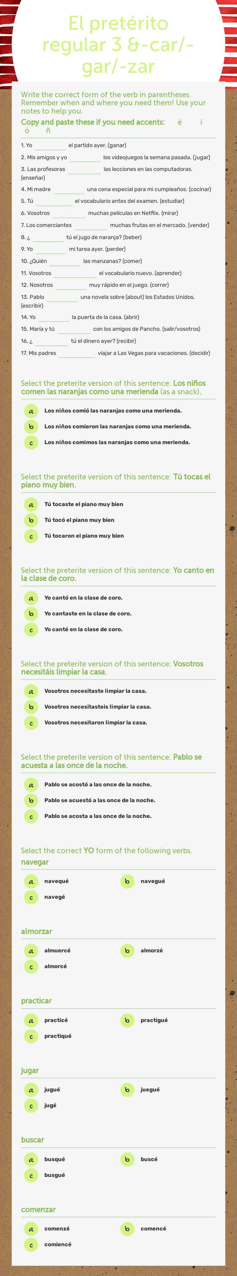 El pretérito regular 3  &-car/-gar/-zar Grade 10 worksheet preview