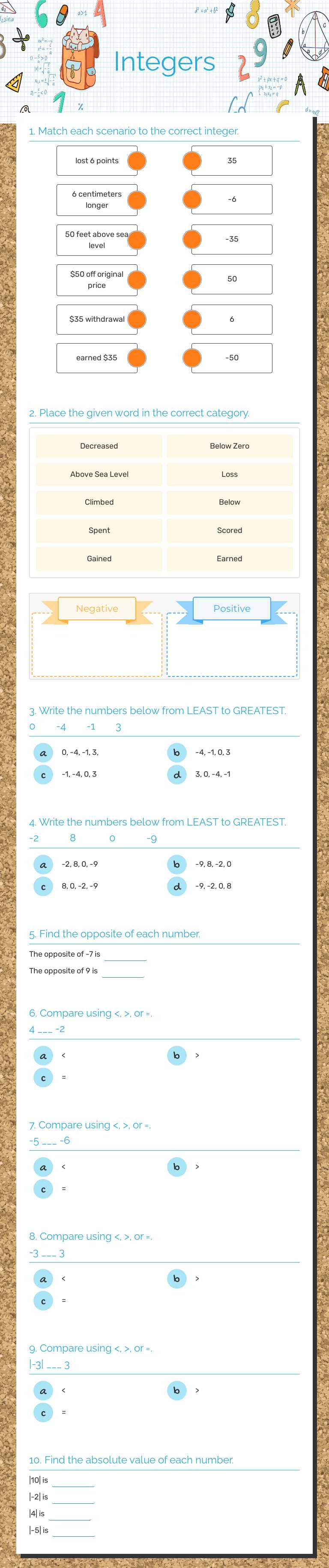 Integers worksheet preview image