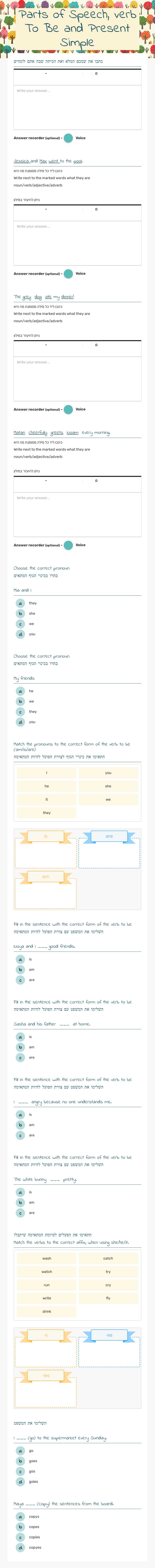 Parts of Speech, verb To Be and Present Simple Grade 5 worksheet preview