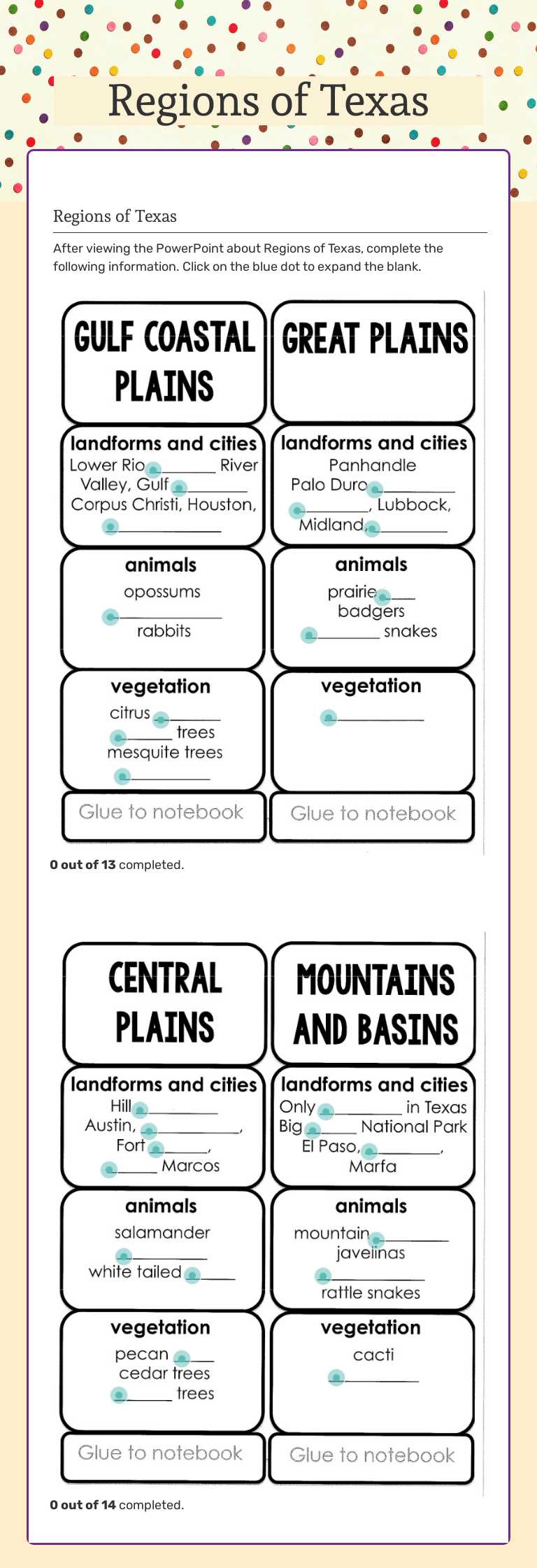 Regions of Texas Grade 4 worksheet preview