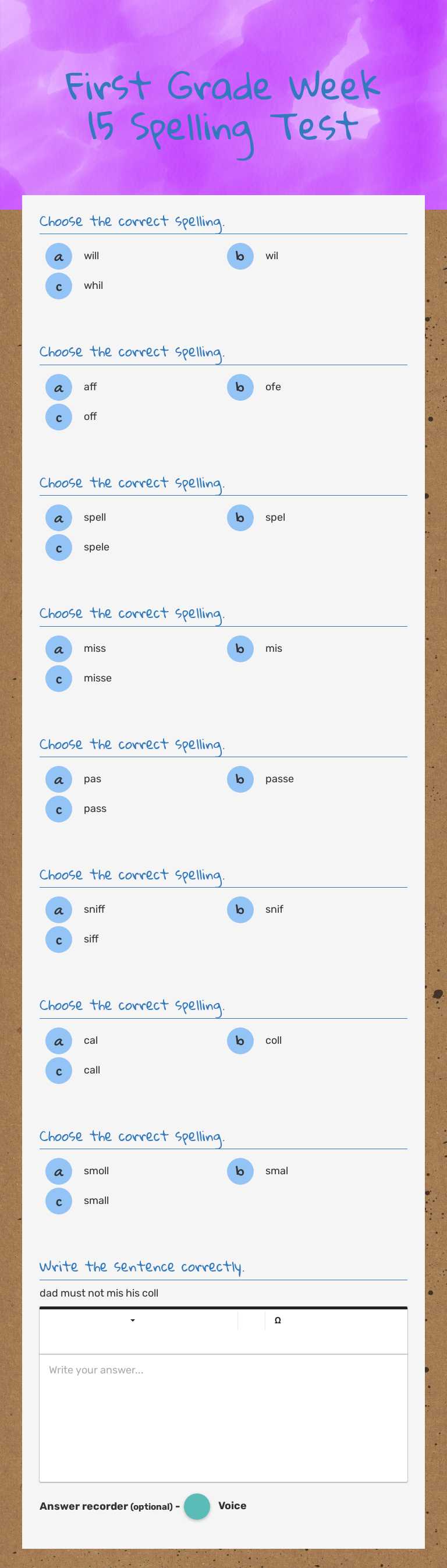 First Grade Week 15  Spelling Test worksheet preview image