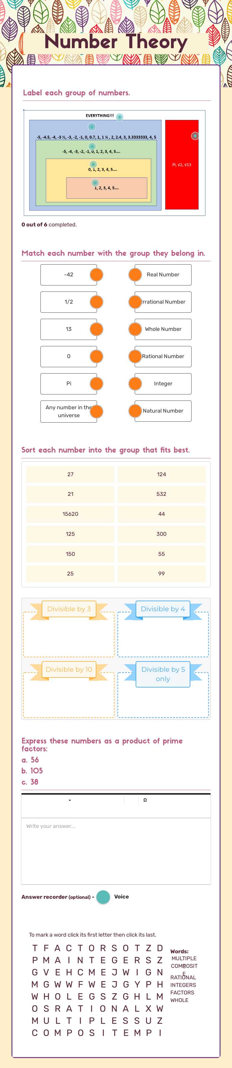 Number Theory worksheet preview image