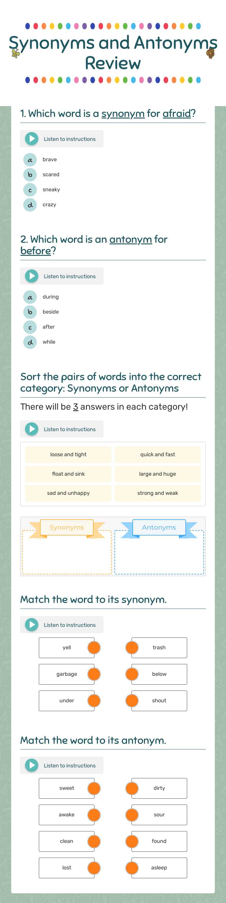 Synonyms and Antonyms Review Grade 4 worksheet preview