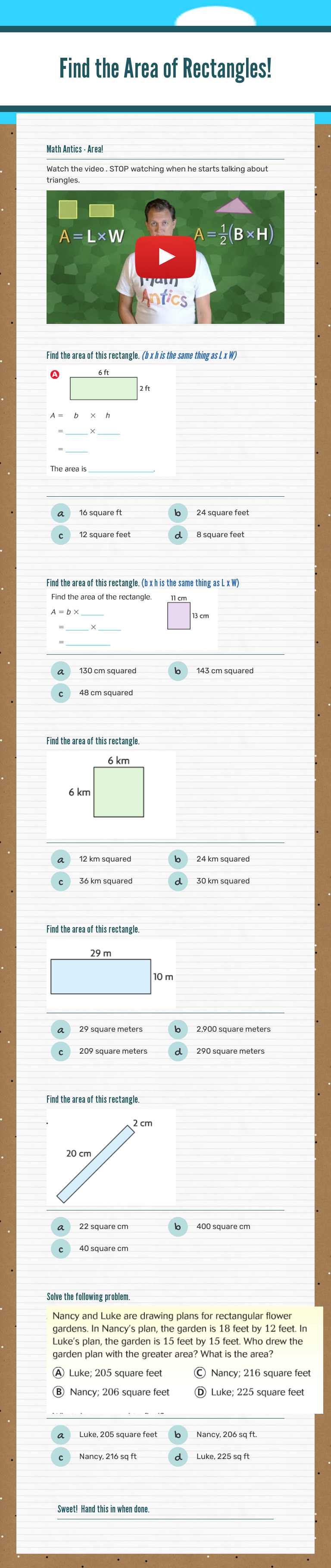 Find the Area of Rectangles! Grade 4 worksheet preview