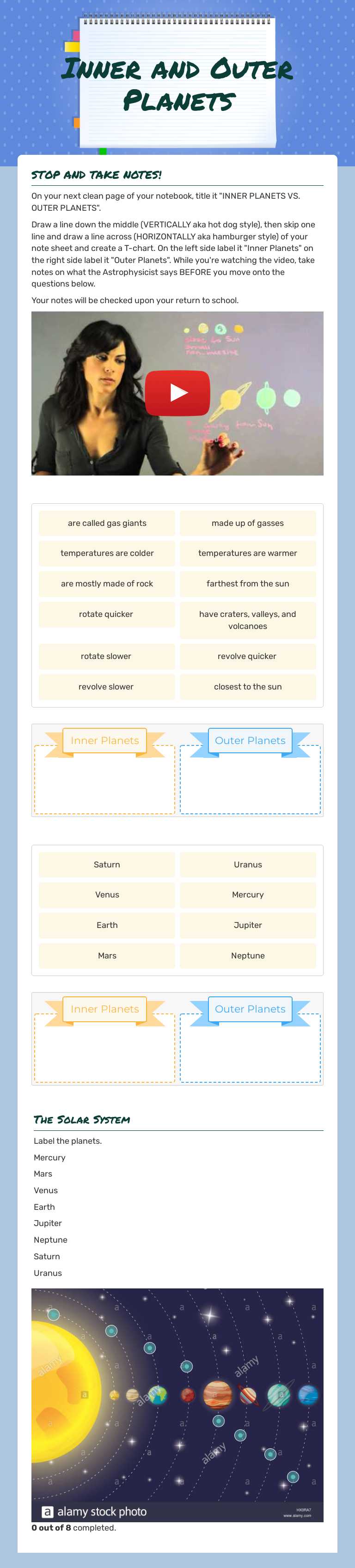 Inner and Outer Planets Grade 3 worksheet preview