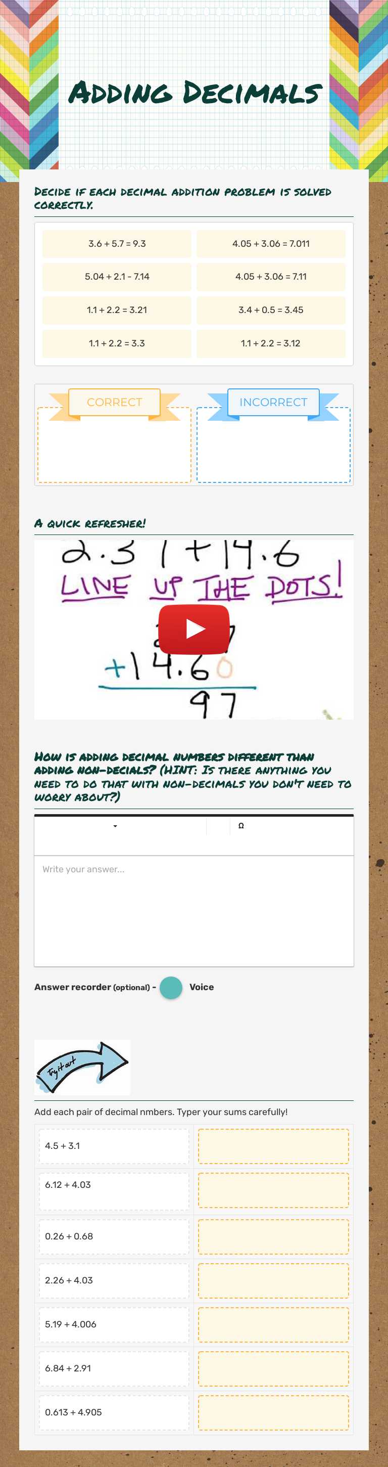 Adding Decimals Grade 6 worksheet preview