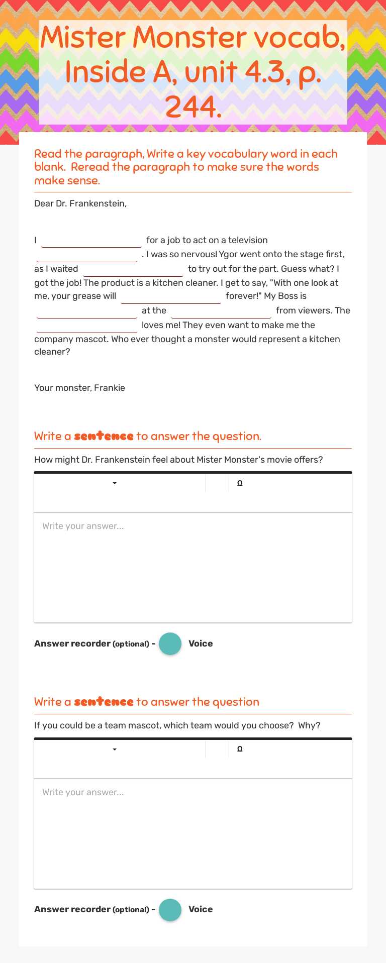 Mister Monster vocab, Inside A, unit 4.3, p. 244. Grade 7 worksheet preview