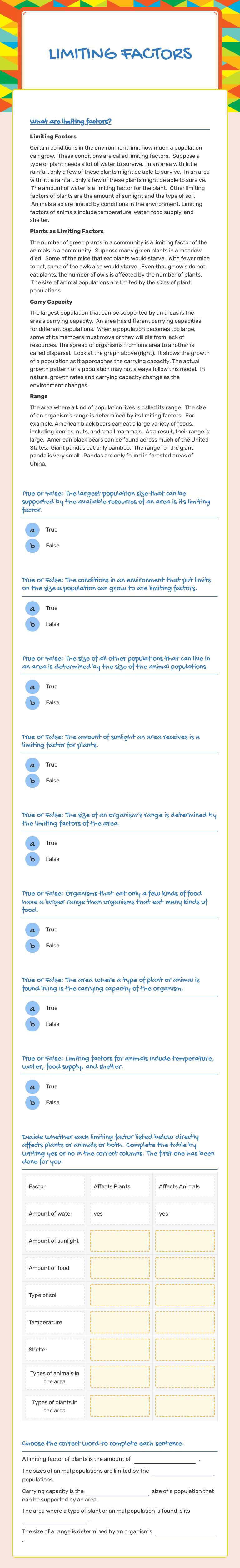 Limiting Factors Grade 6 worksheet preview