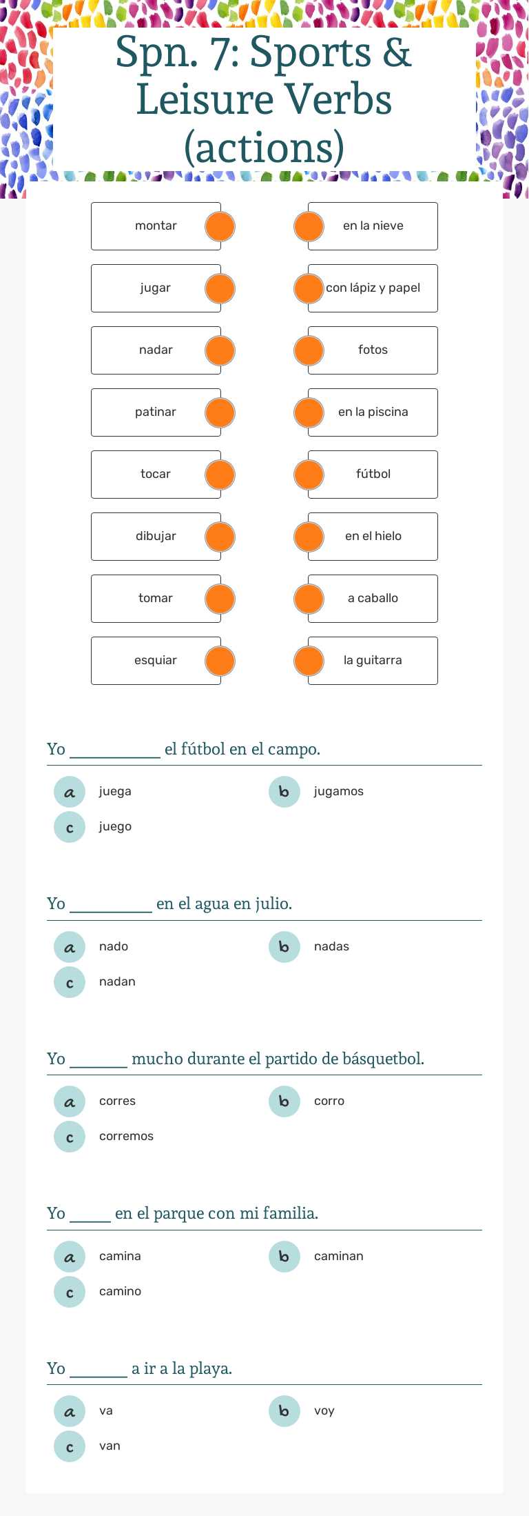 Spn. 7:  Sports & Leisure Verbs (actions) worksheet preview image