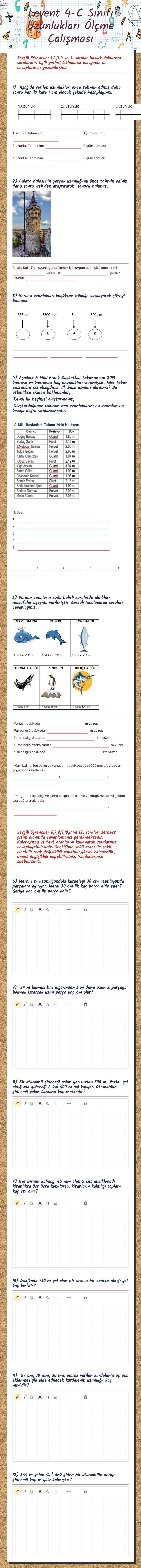 Levent 4-C Sınıfı Uzunlukları Ölçme Çalışması Grade 4 worksheet preview