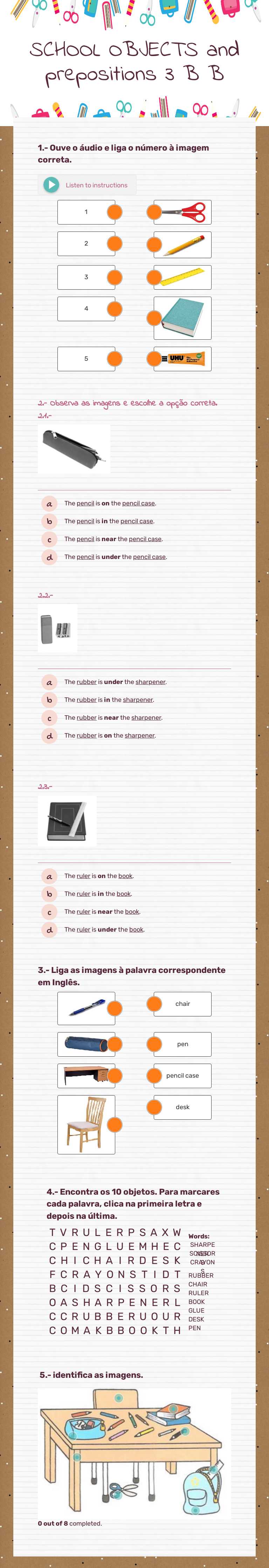 SCHOOL OBJECTS and prepositions 3 B B worksheet preview image