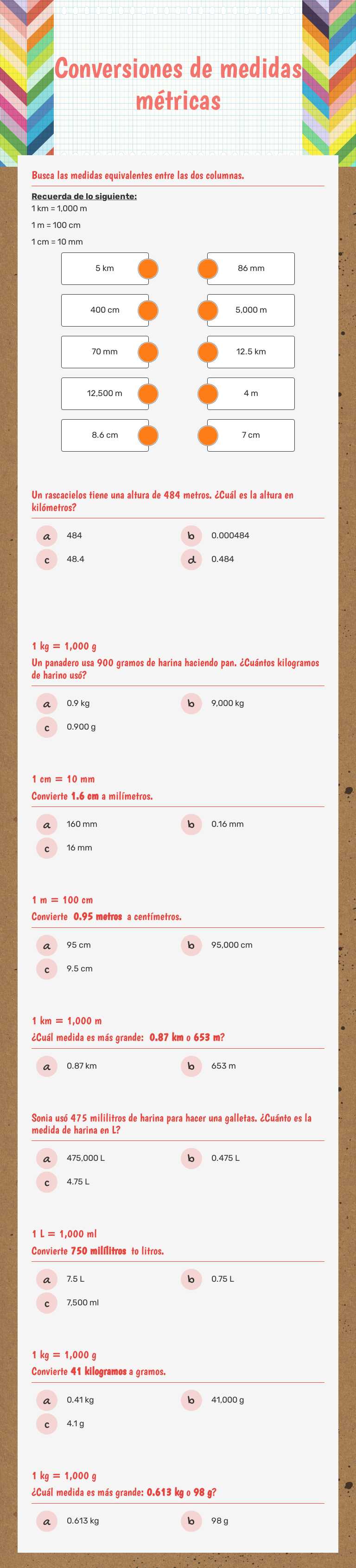 Conversiones de medidas métricas worksheet preview image