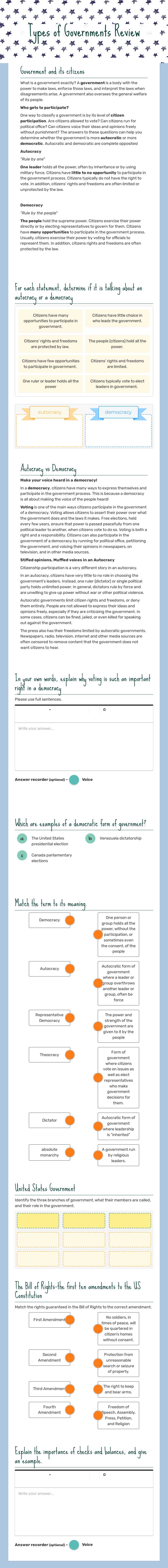Types of Governments Review worksheet preview image
