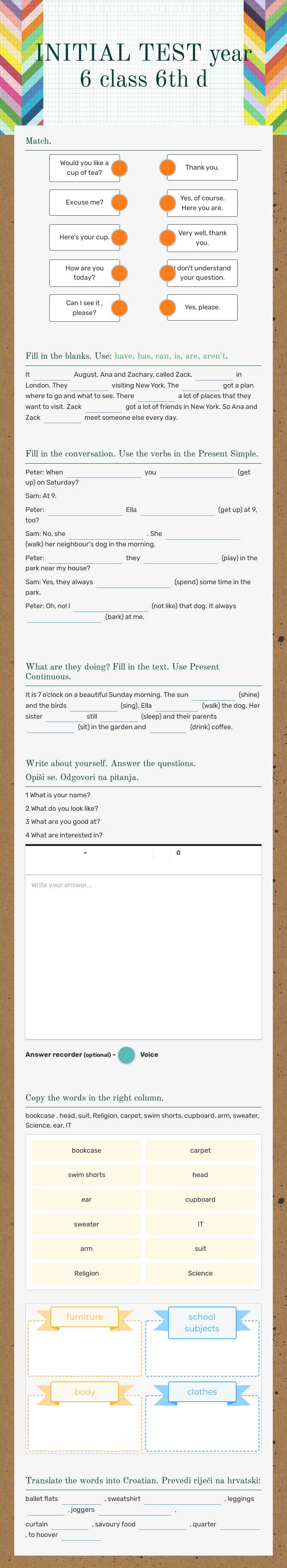 INITIAL TEST year 6 class 6th d worksheet preview