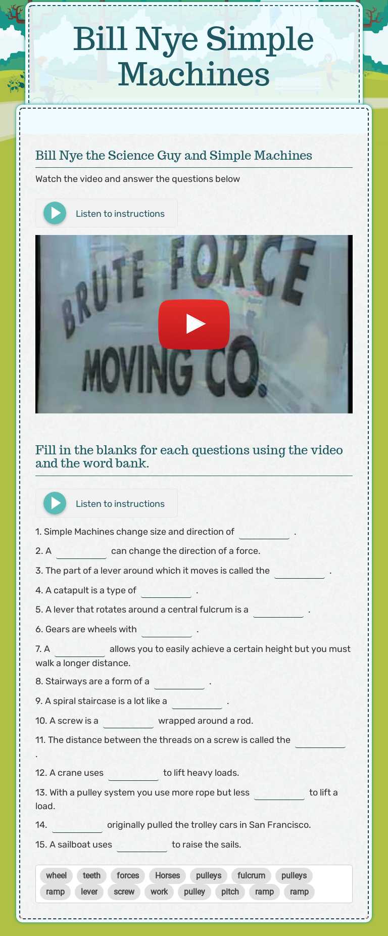 Bill Nye Simple Machines Grade 7 worksheet preview