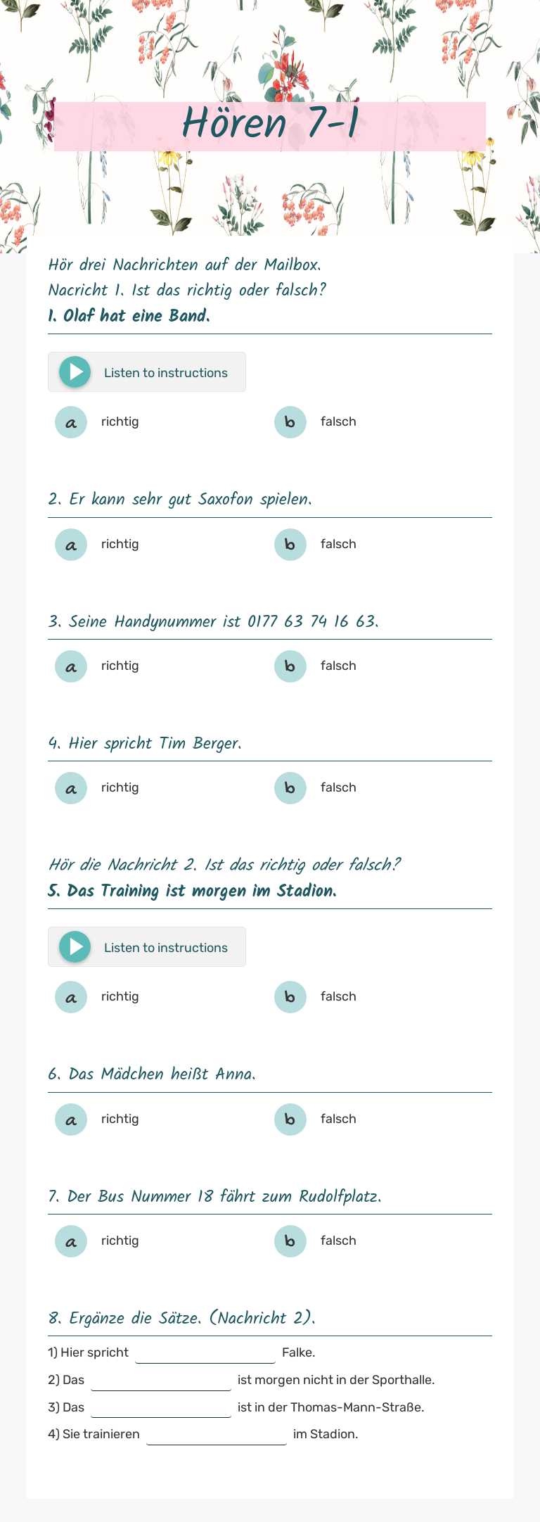 Hören  7-1 worksheet preview image