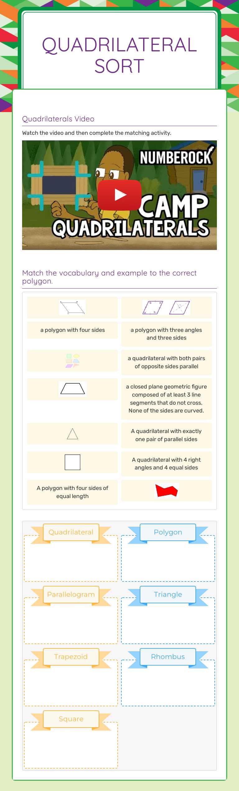 Quadrilateral sort Grade 4 worksheet preview