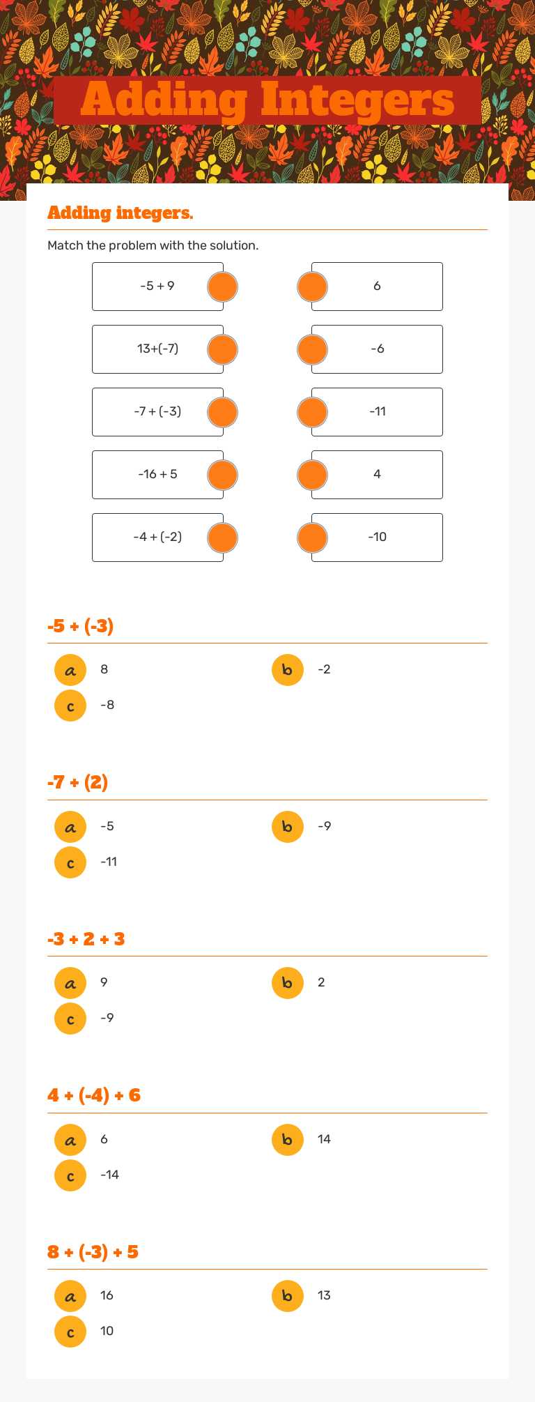 Adding Integers Grade 7 worksheet preview