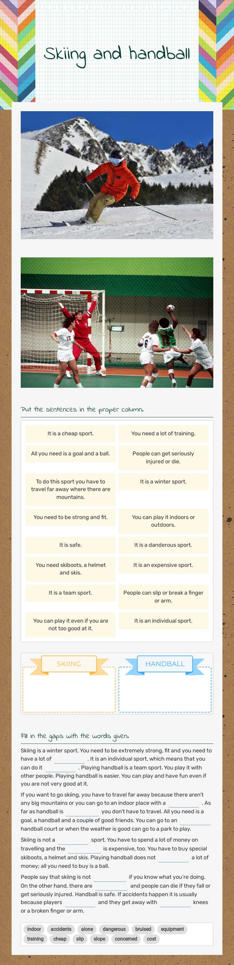 Skiing and handball worksheet preview image
