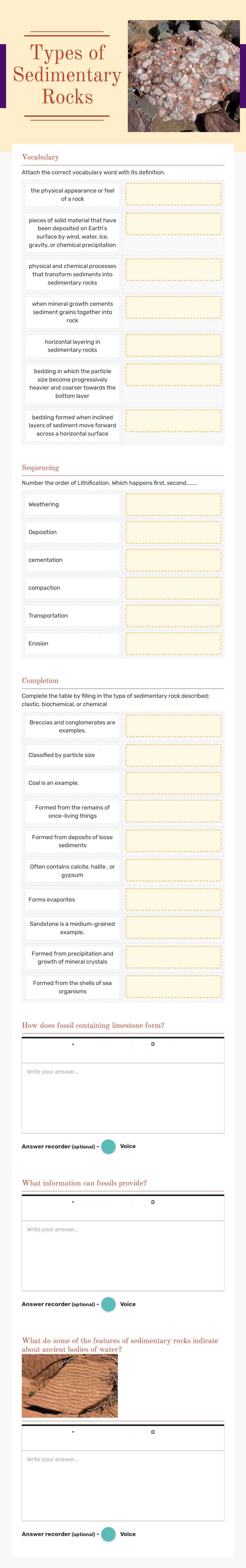 Types of Sedimentary Rocks Grade 11 worksheet preview
