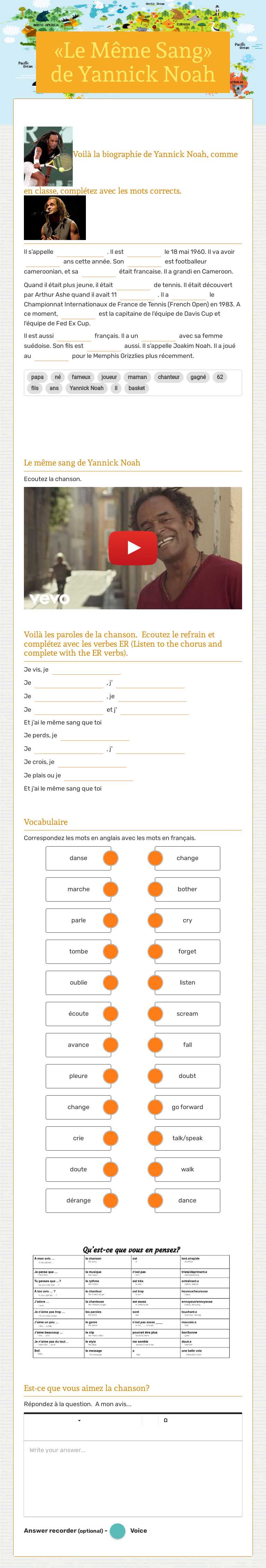 «Le Même Sang» de Yannick Noah Grade 7 worksheet preview