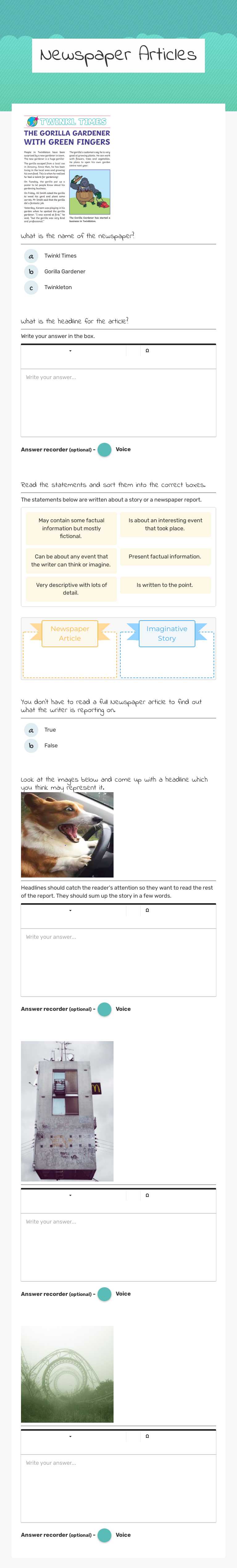 Newspaper Articles worksheet preview image