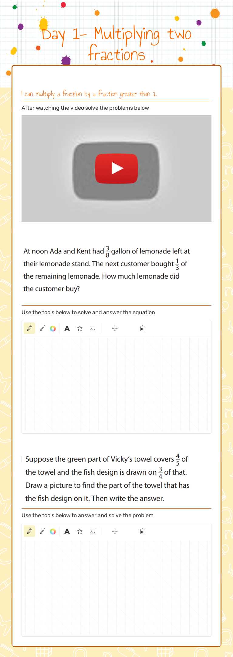 Day 1- Multiplying two fractions worksheet preview image