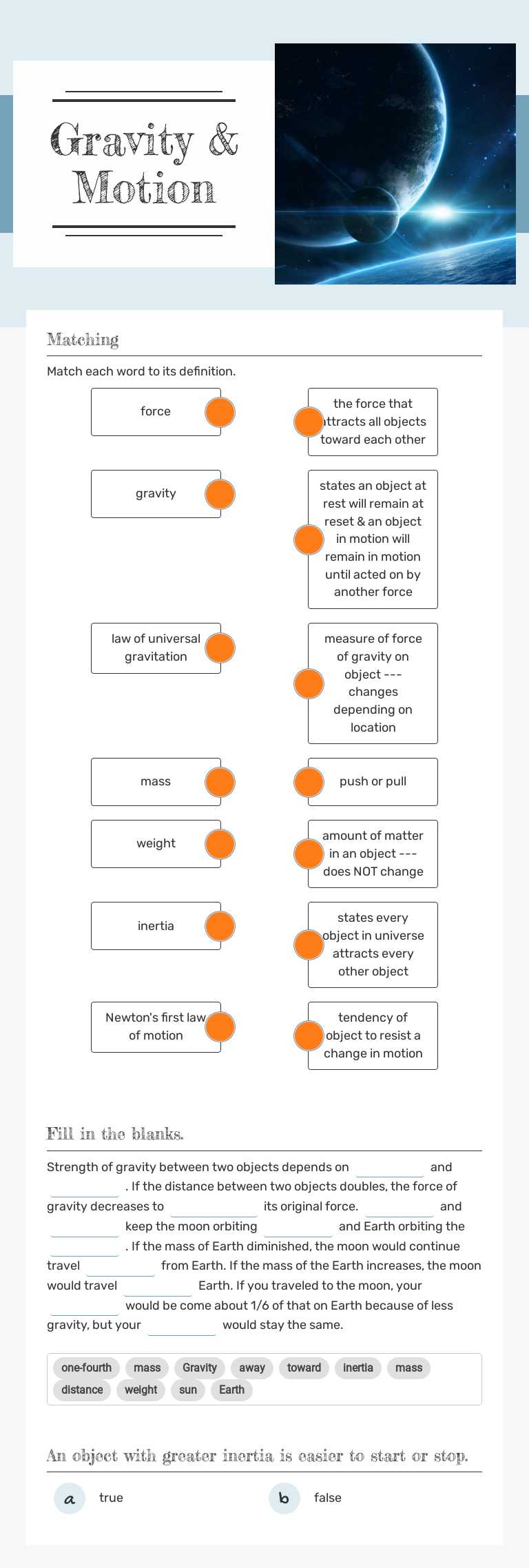 Gravity & Motion Grade 6 worksheet preview