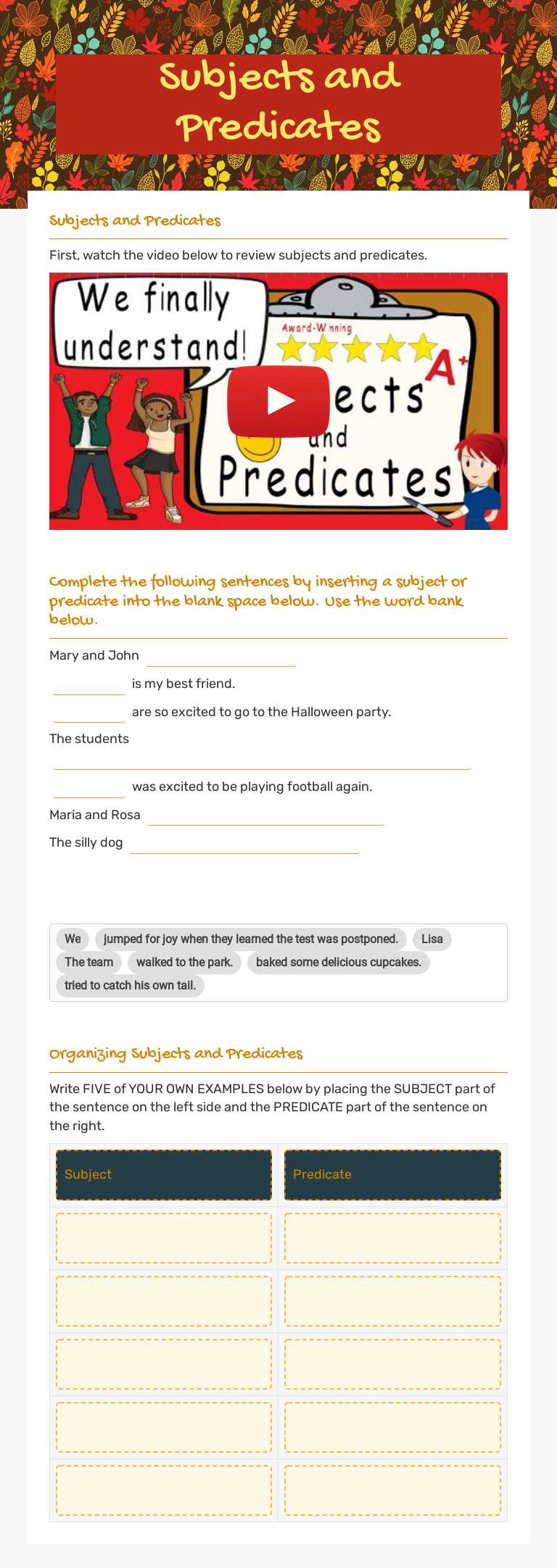 Subjects and Predicates worksheet preview image