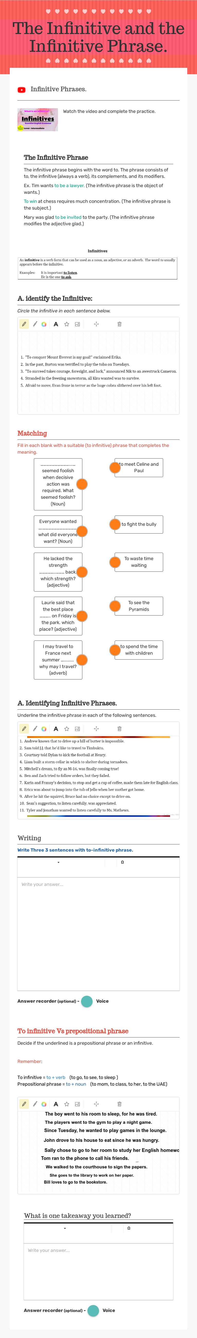 The Infinitive and the Infinitive Phrase. worksheet preview image
