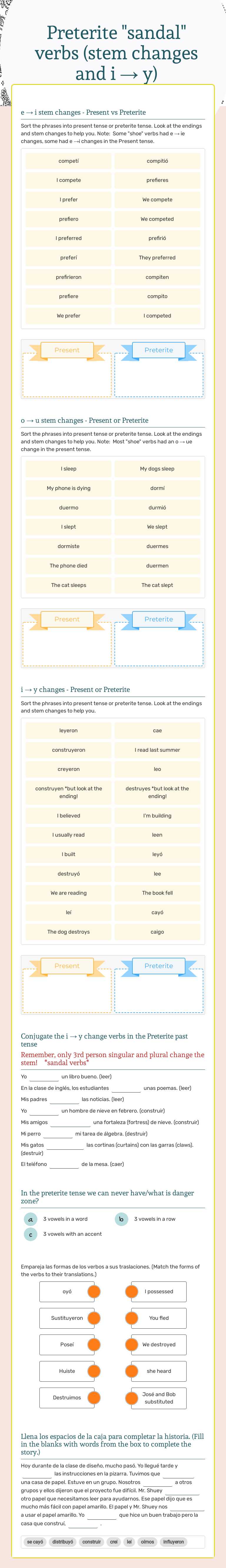 Preterite "sandal" verbs (stem changes and i → y) worksheet preview image