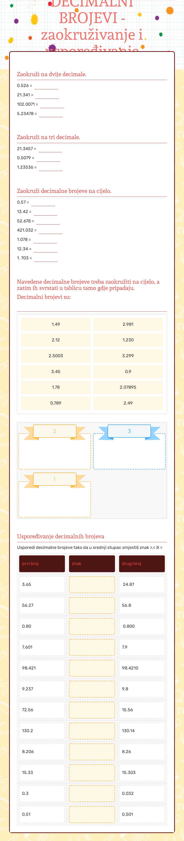 DECIMALNI BROJEVI - zaokruživanje i uspoređivanje (ponavljanje) worksheet preview image