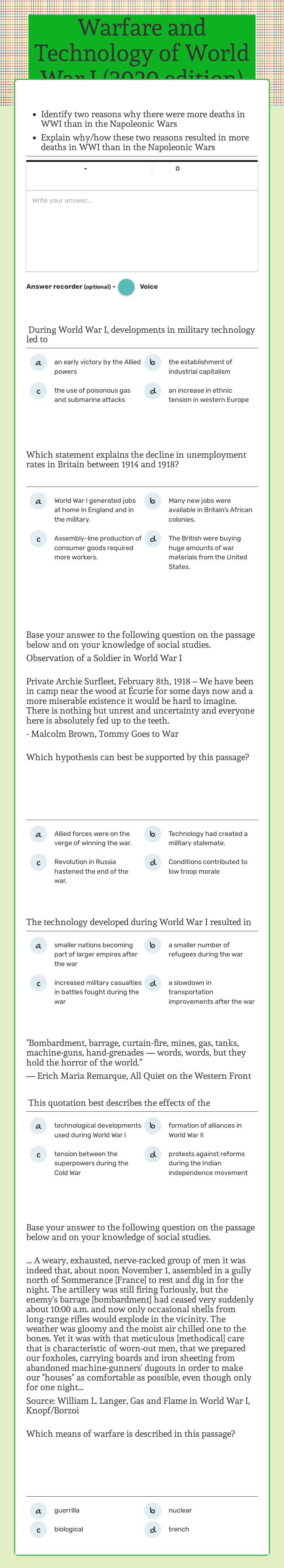 Warfare and Technology of World War I (2020 edition) Grade 10 worksheet preview