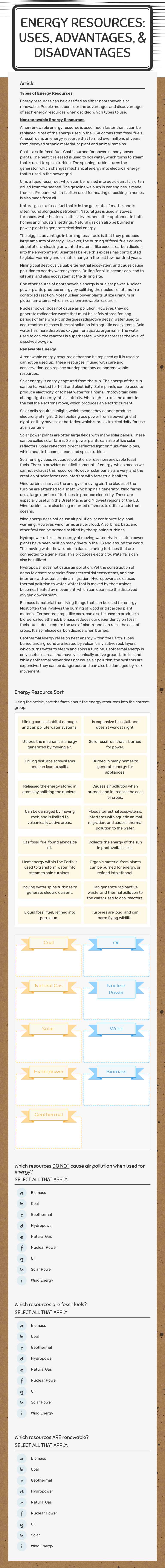 Energy Resources:
Uses, Advantages, & Disadvantages worksheet preview image