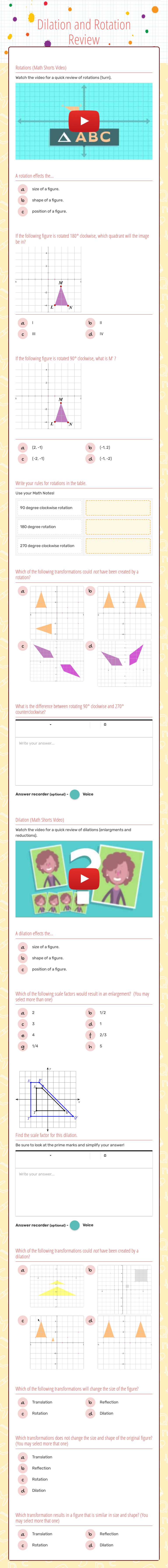 Dilation and Rotation Review worksheet preview image